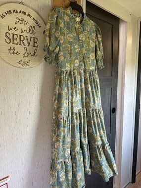 Floral Tiered Maxi Dress in Sage and blue small cotton